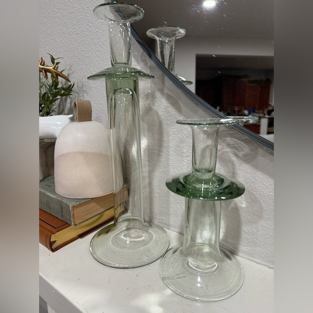 Vintage Green Glass Candle Holders Set Tall Taper MCM Apothecary Pair